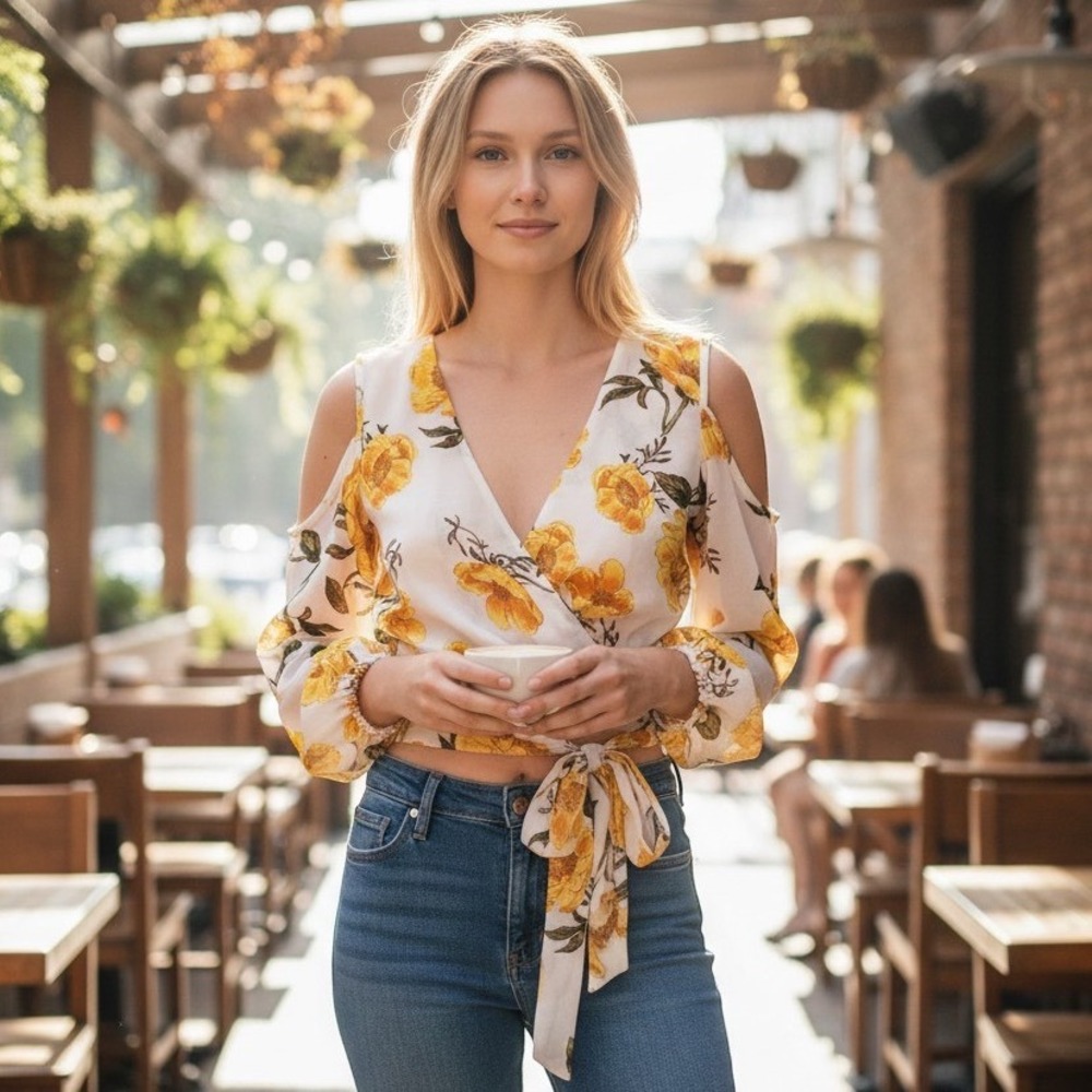 Favlux Fashion Womens Yellow Floral Cold Shoulder Sheer Boho Wrap Crop Top Small